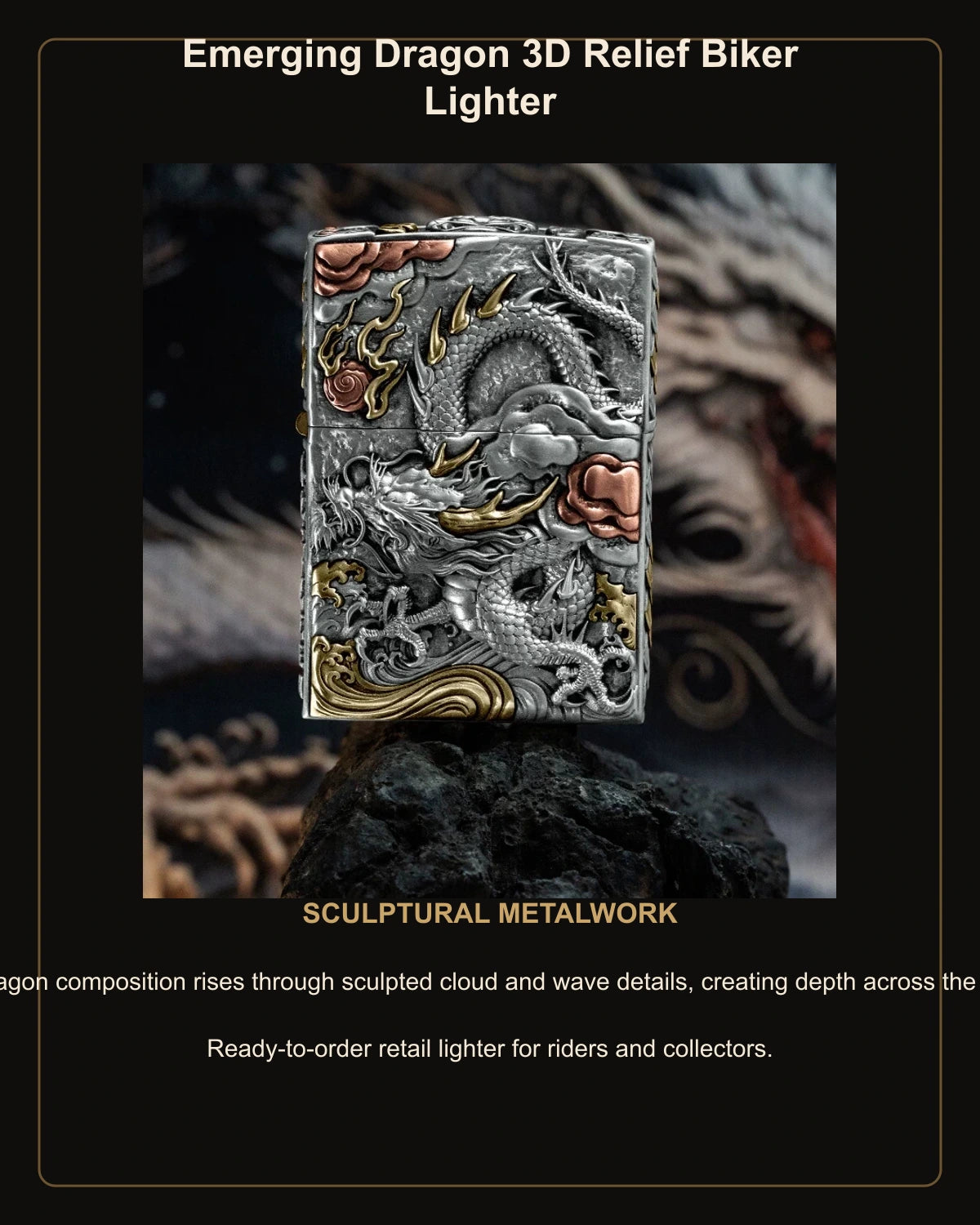 Emerging Dragon 3D Relief Biker Lighter – English design story