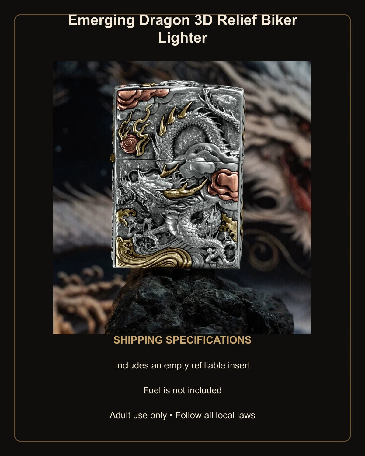 Emerging Dragon 3D Relief Biker Lighter – empty refillable insert included and no fuel supplied