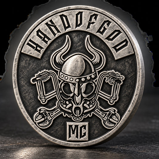 Solid motorcycle club metal emblem with restrained enamel color filling recessed areas without openwork.