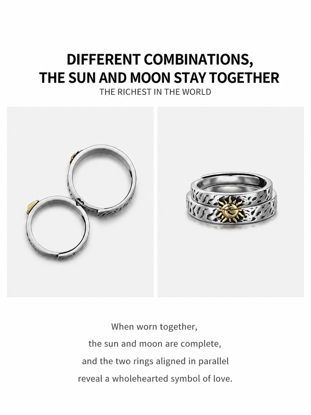 Engravable Sun and Moon Sterling Silver Couple Rings - product view 4
