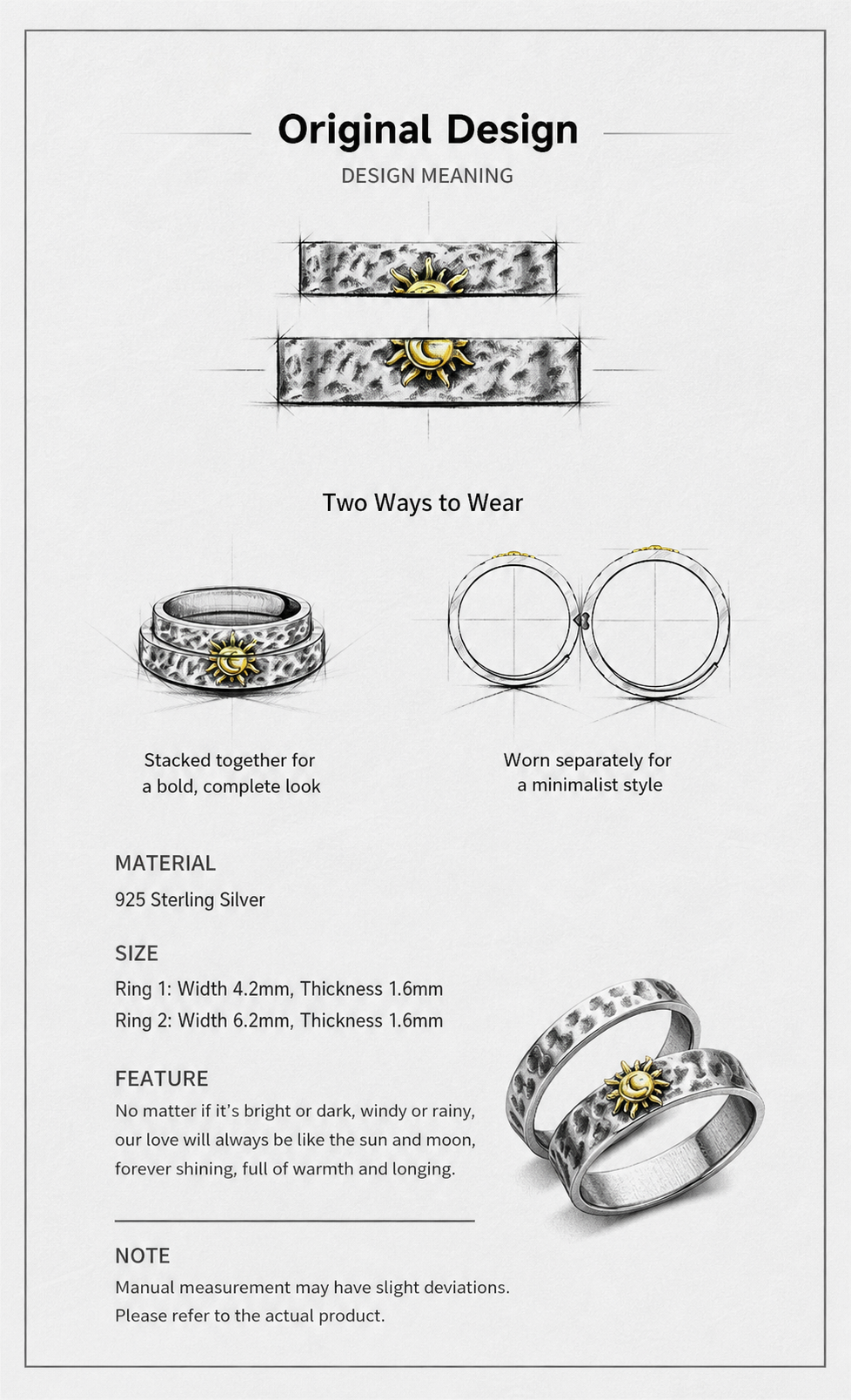 Engravable Sun and Moon Sterling Silver Couple Rings - English product detail 6