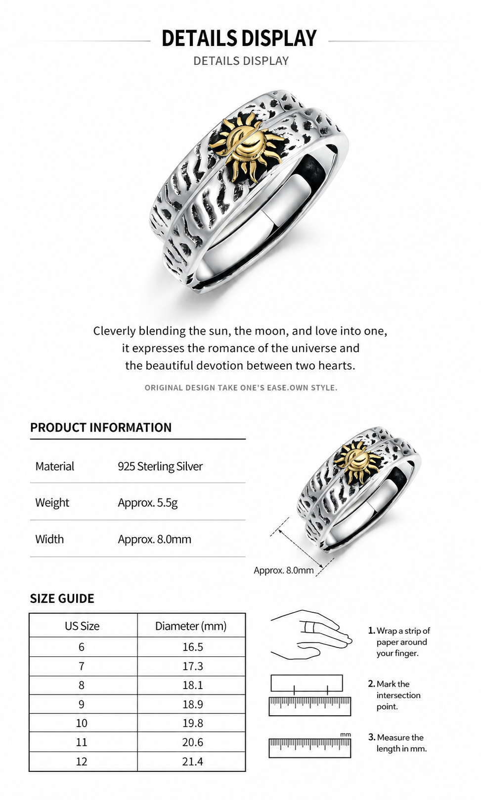 Engravable Sun and Moon Sterling Silver Couple Rings - English product detail 8