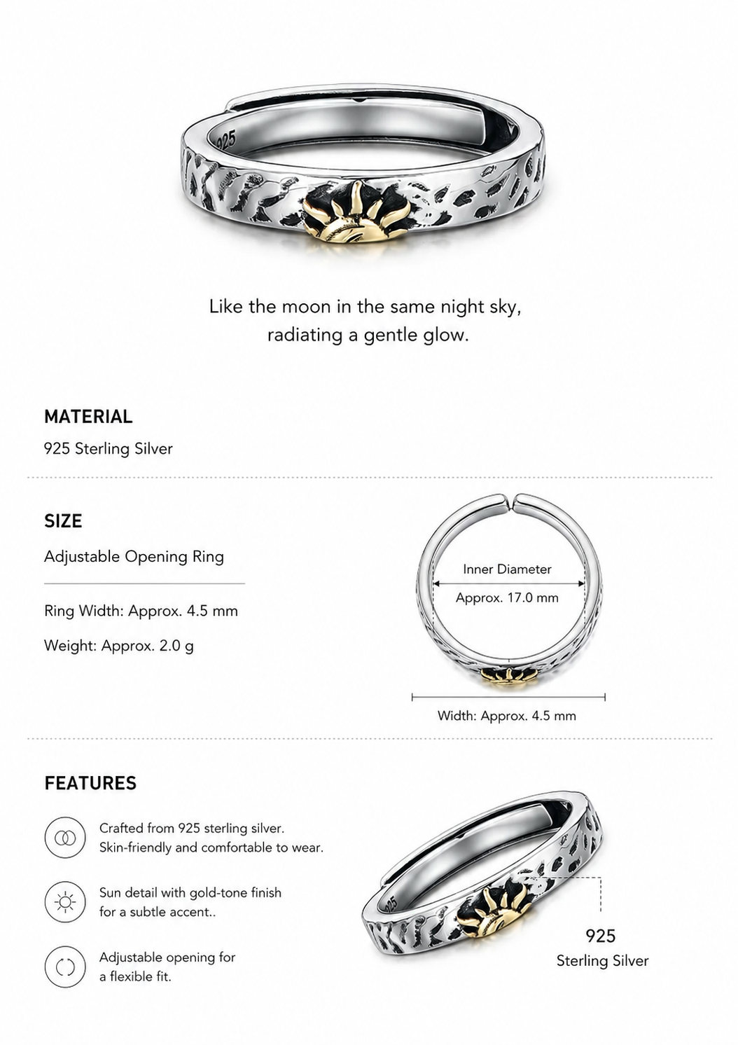 Engravable Sun and Moon Sterling Silver Couple Rings - English product detail 9