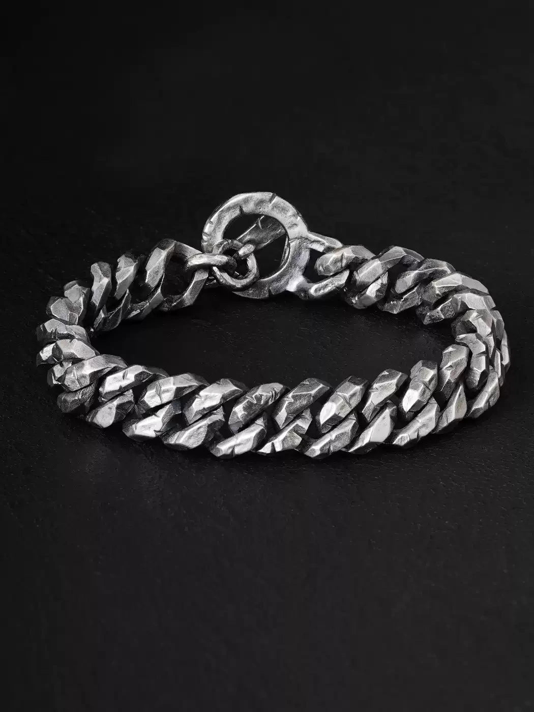 antiqued sterling silver Cuban chain bracelet with toggle clasp