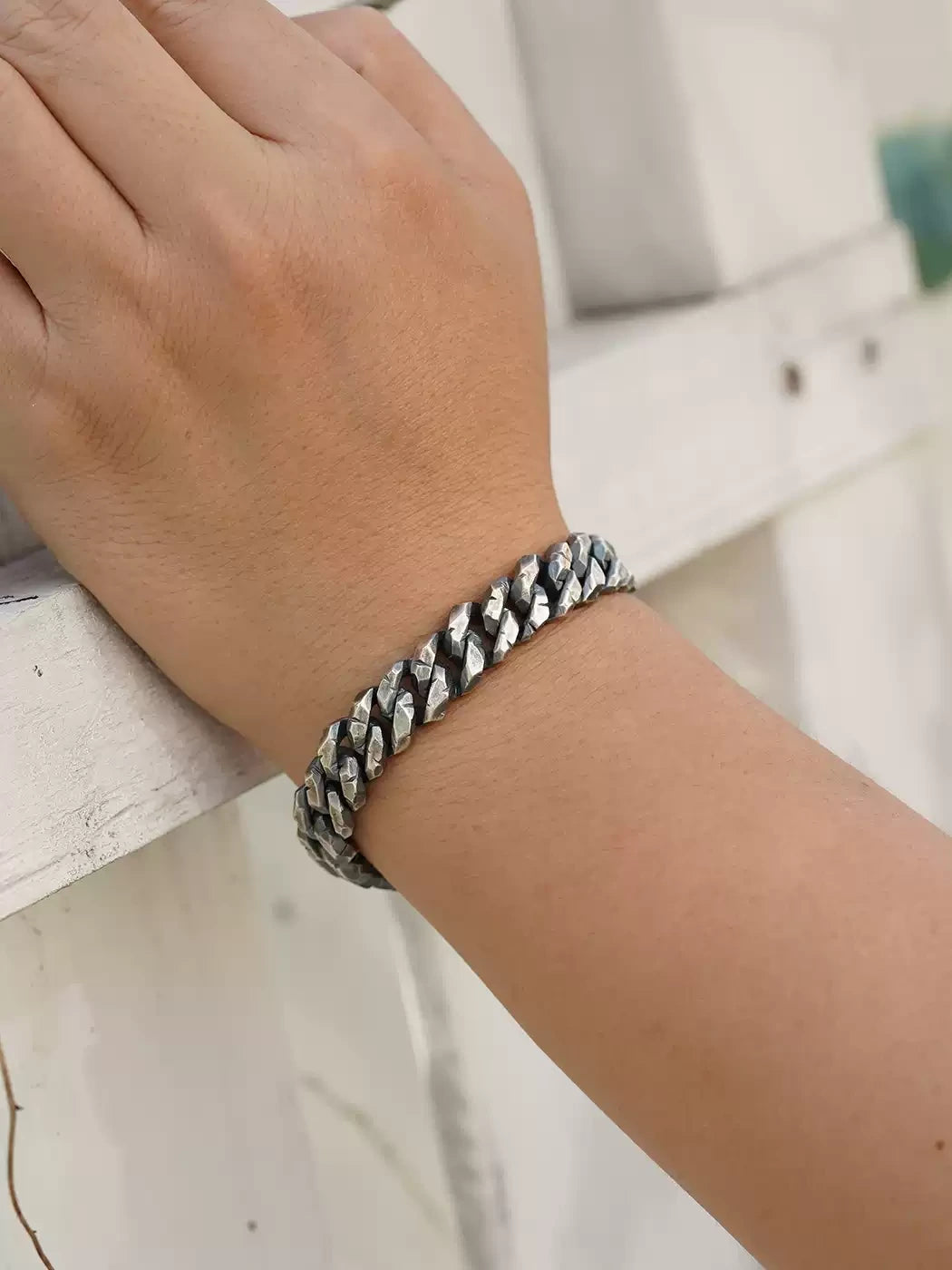 heavy silver Cuban bracelet styled for biker jewelry