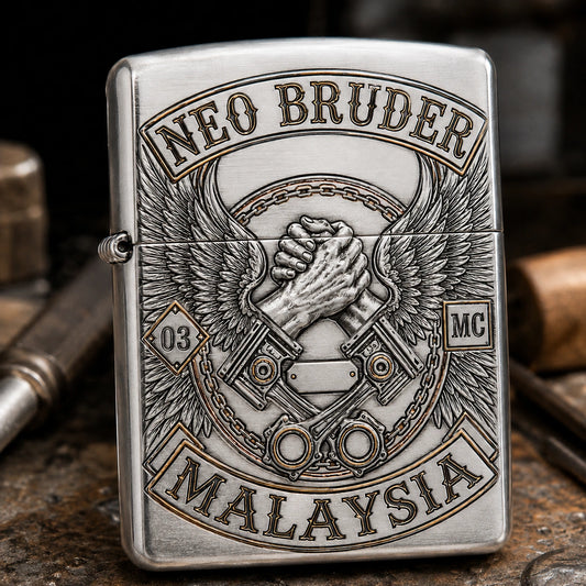 Engraved detail lighter with authorized motorcycle club emblem and member information