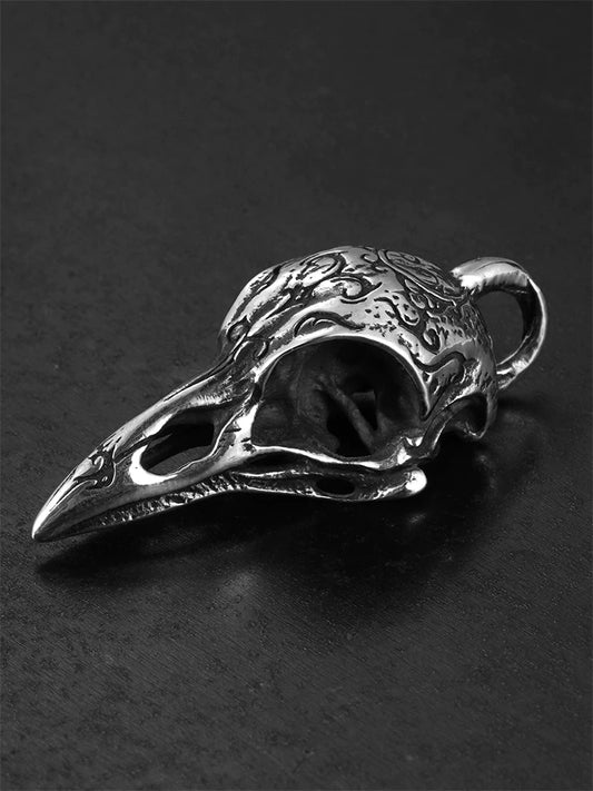 Engraved raven skull sterling silver biker pendant angled view