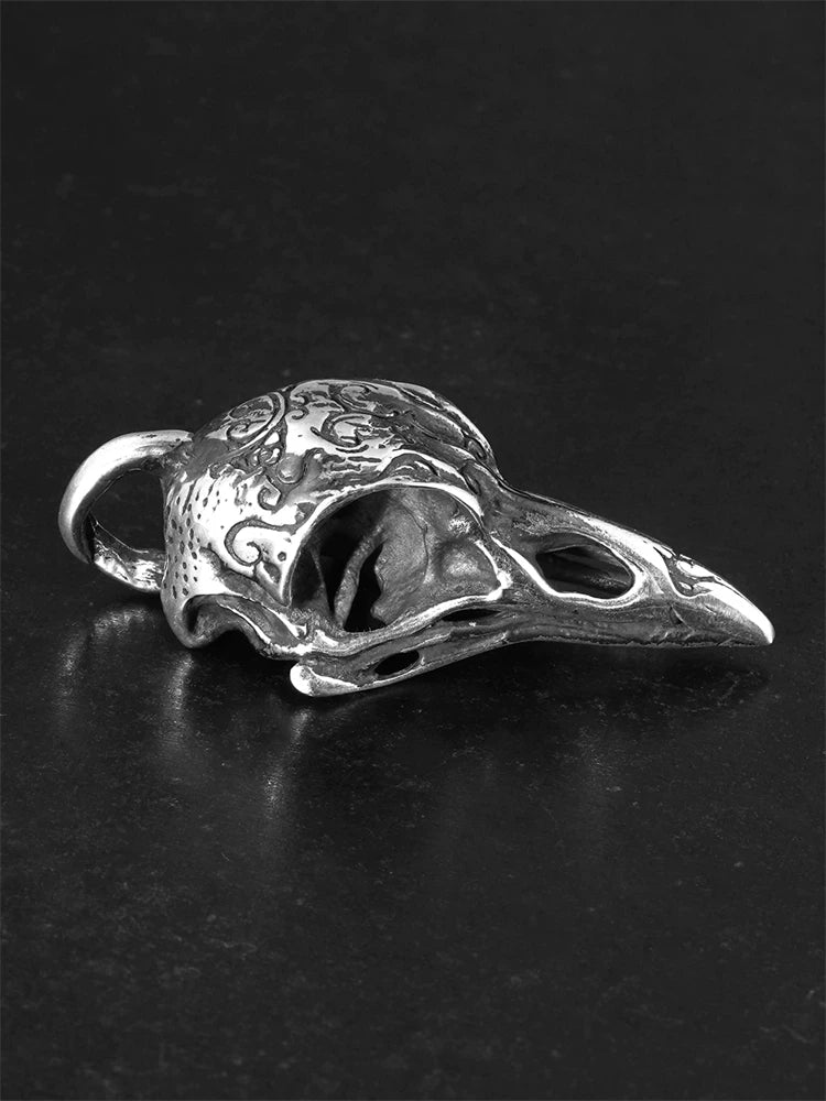 Engraved raven skull sterling silver biker pendant side view
