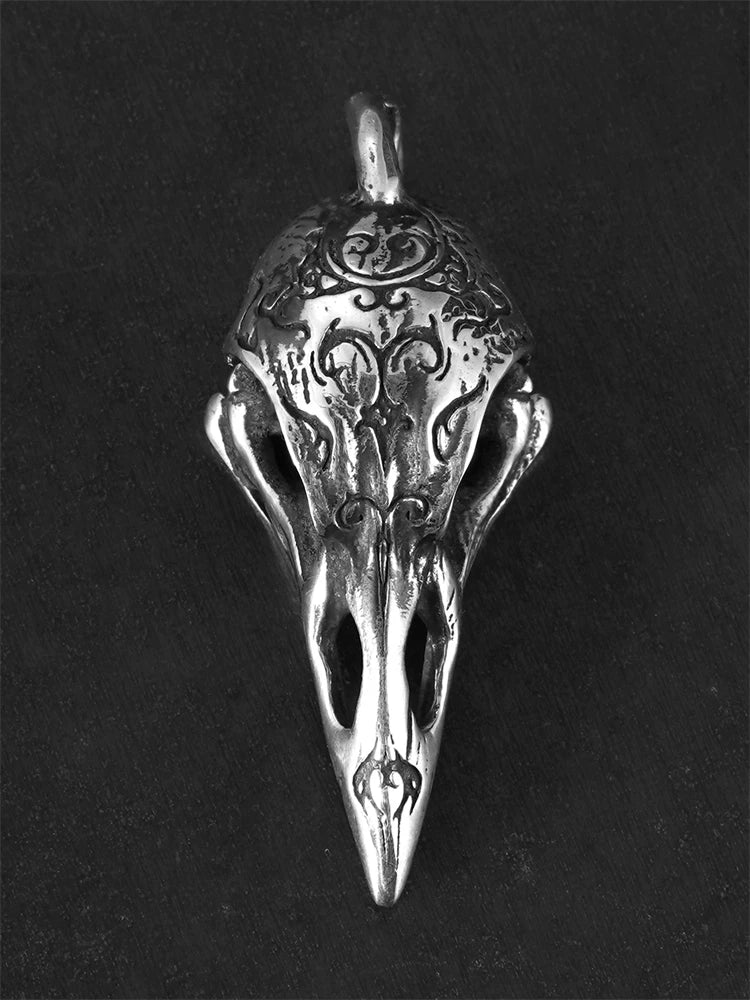 Engraved raven skull sterling silver biker pendant top view