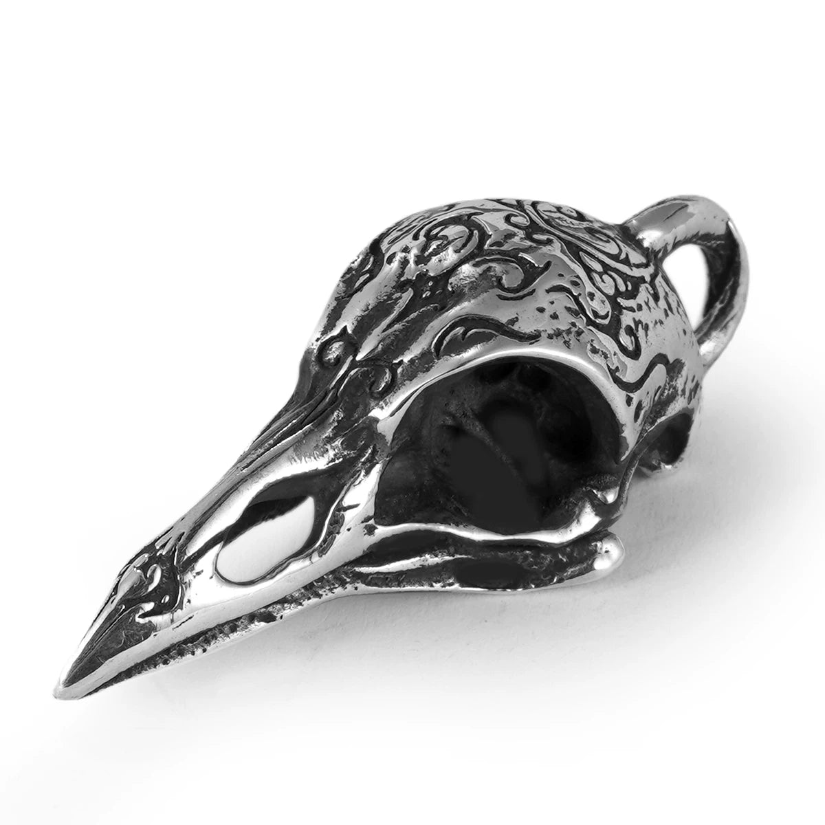 Engraved raven skull sterling silver biker pendant isolated on white