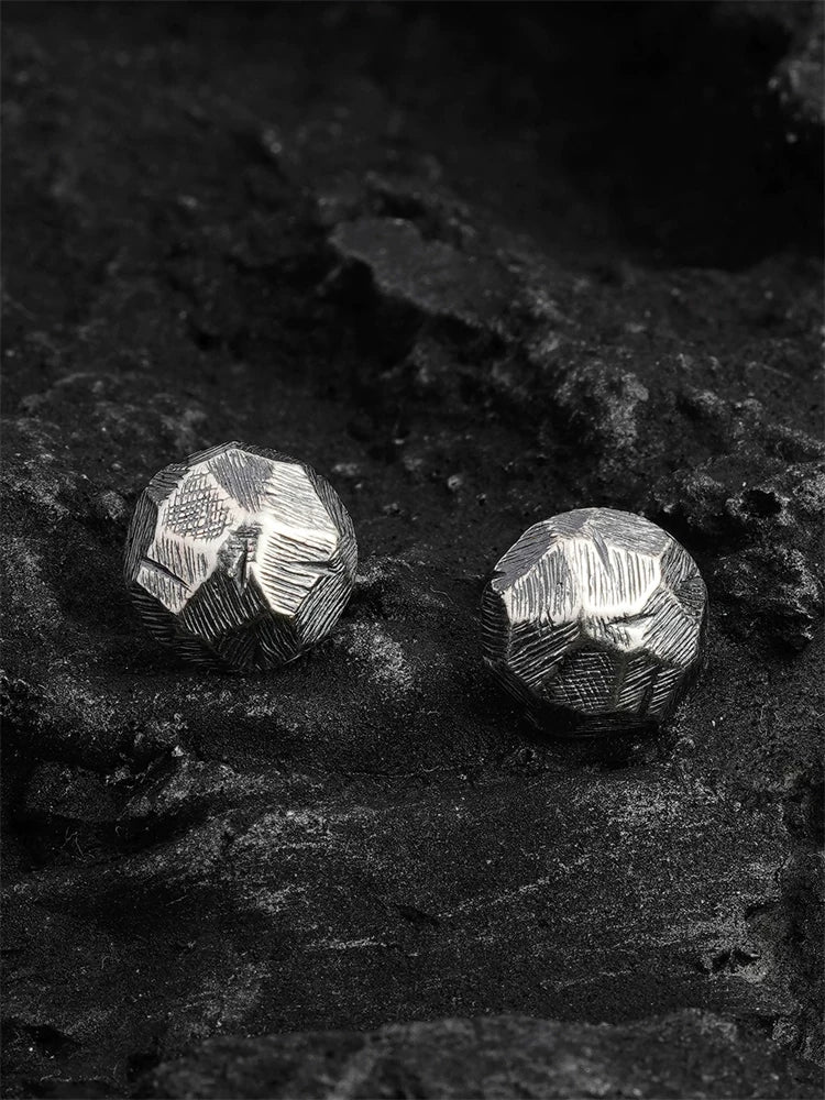 Hand-Engraved Round Sterling Silver Biker Stud Earring detail view 2