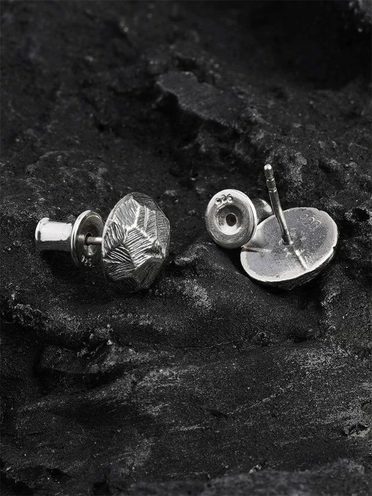 Hand-Engraved Round Sterling Silver Biker Stud Earring detail view 3