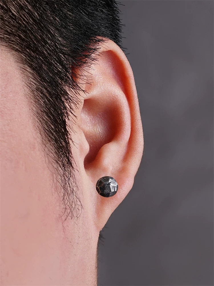 Hand-Engraved Round Sterling Silver Biker Stud Earring detail view 4