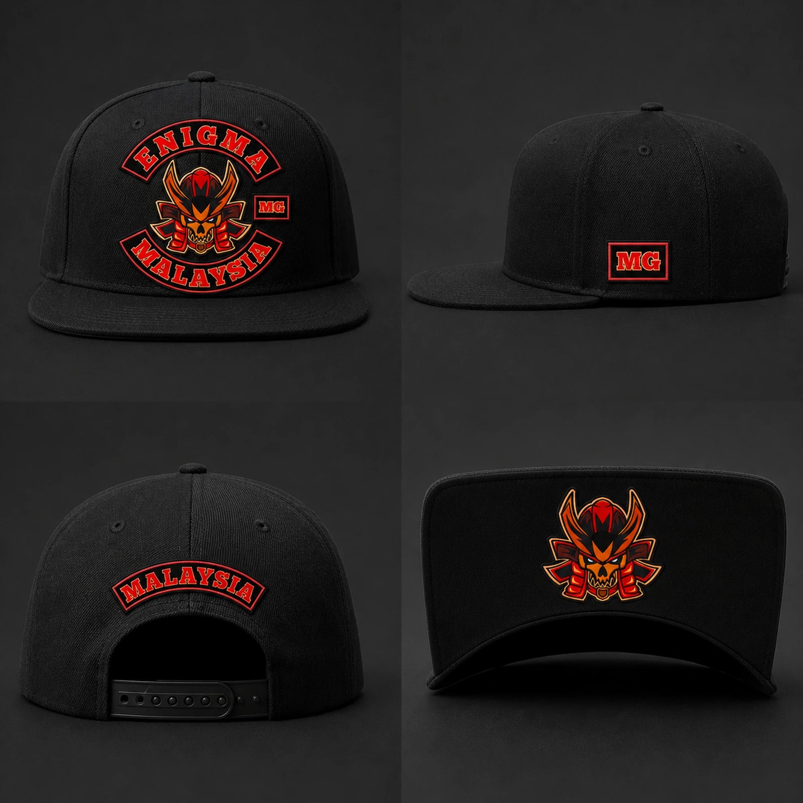 A four-view motorcycle club flat-brim cap layout shows coordinated decoration across front, sides, back, and under visor.