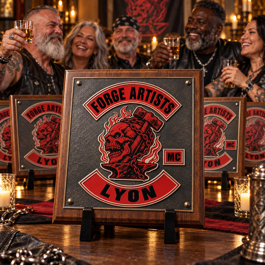 Matching motorcycle club anniversary plaques at a chapter celebration.