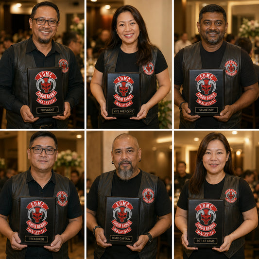 Motorcycle club officer recognition plaques presented at an annual dinner.