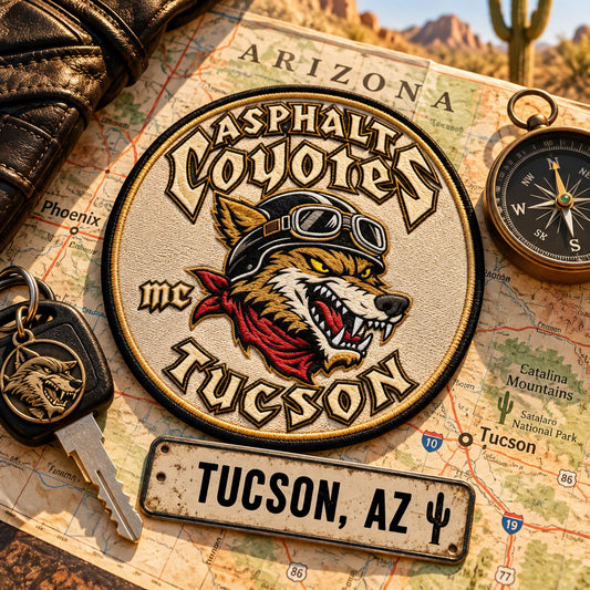 Custom motorcycle club event patch featuring the asphalt coyotes tucson logo for city and destination.