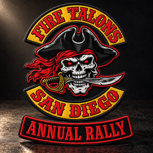Custom motorcycle club event patch featuring the fire talons san diego logo for readable event name.