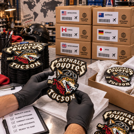 Custom motorcycle club event patch featuring the asphalt coyotes tucson logo for production, packing and worldwide shipping.