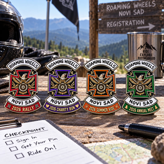 Annual motorcycle club event pin using a consistent 2D design language.