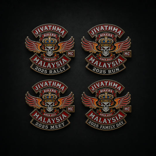 Annual motorcycle club event pin using a consistent 2D design language.