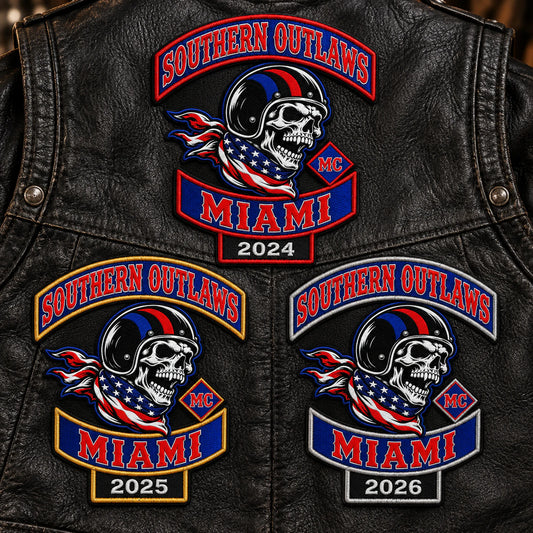 Custom motorcycle club event patch featuring the southern outlaws miami logo for year and date edition.