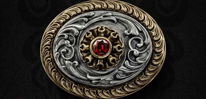 Everlasting Flower Gemstone Scrollwork Biker Belt Buckle detail view 2