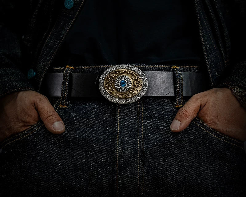 Everlasting Flower Gemstone Scrollwork Biker Belt Buckle detail view 3
