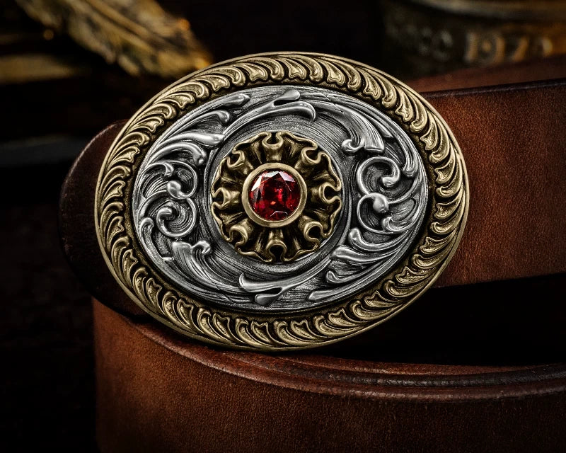 Everlasting Flower Gemstone Scrollwork Biker Belt Buckle detail view 4