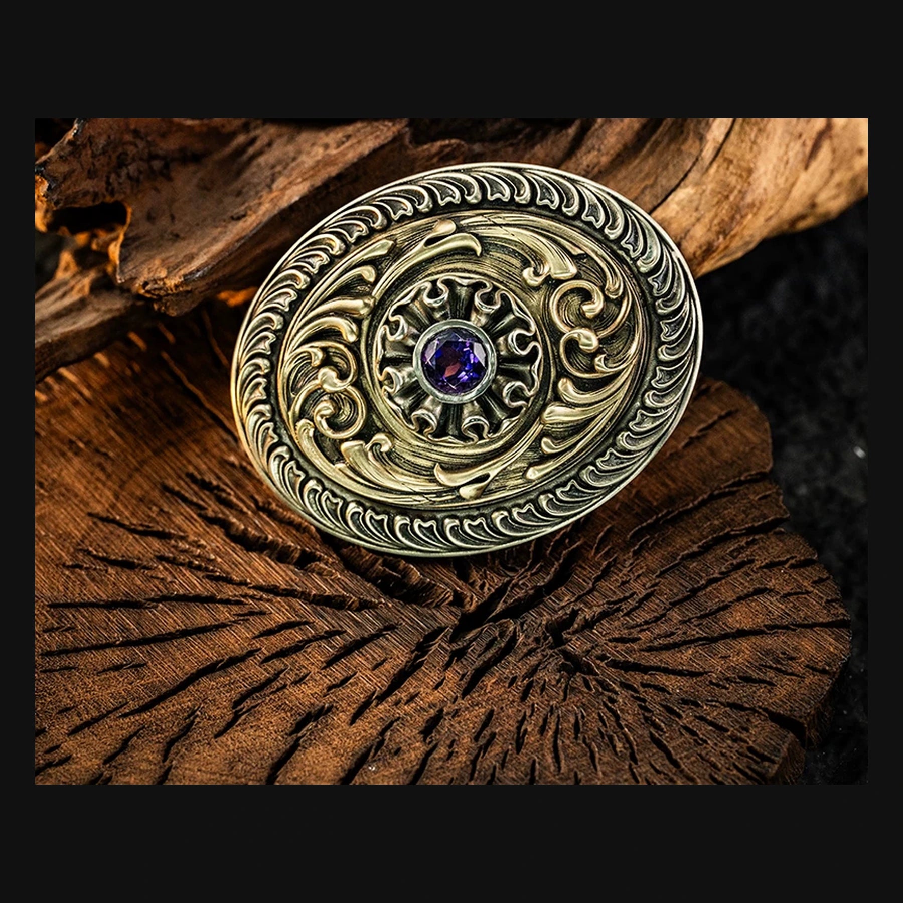 Everlasting Flower Gemstone Scrollwork Biker Belt Buckle product view