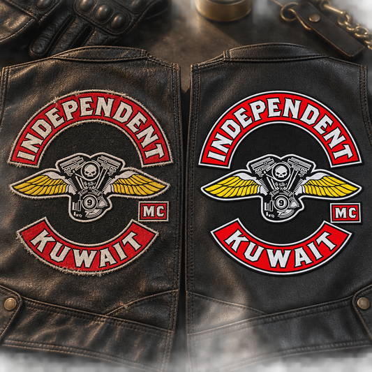 Solid old and new patches checked for consistency shown for a custom motorcycle club patch system in color-light inspection booth.