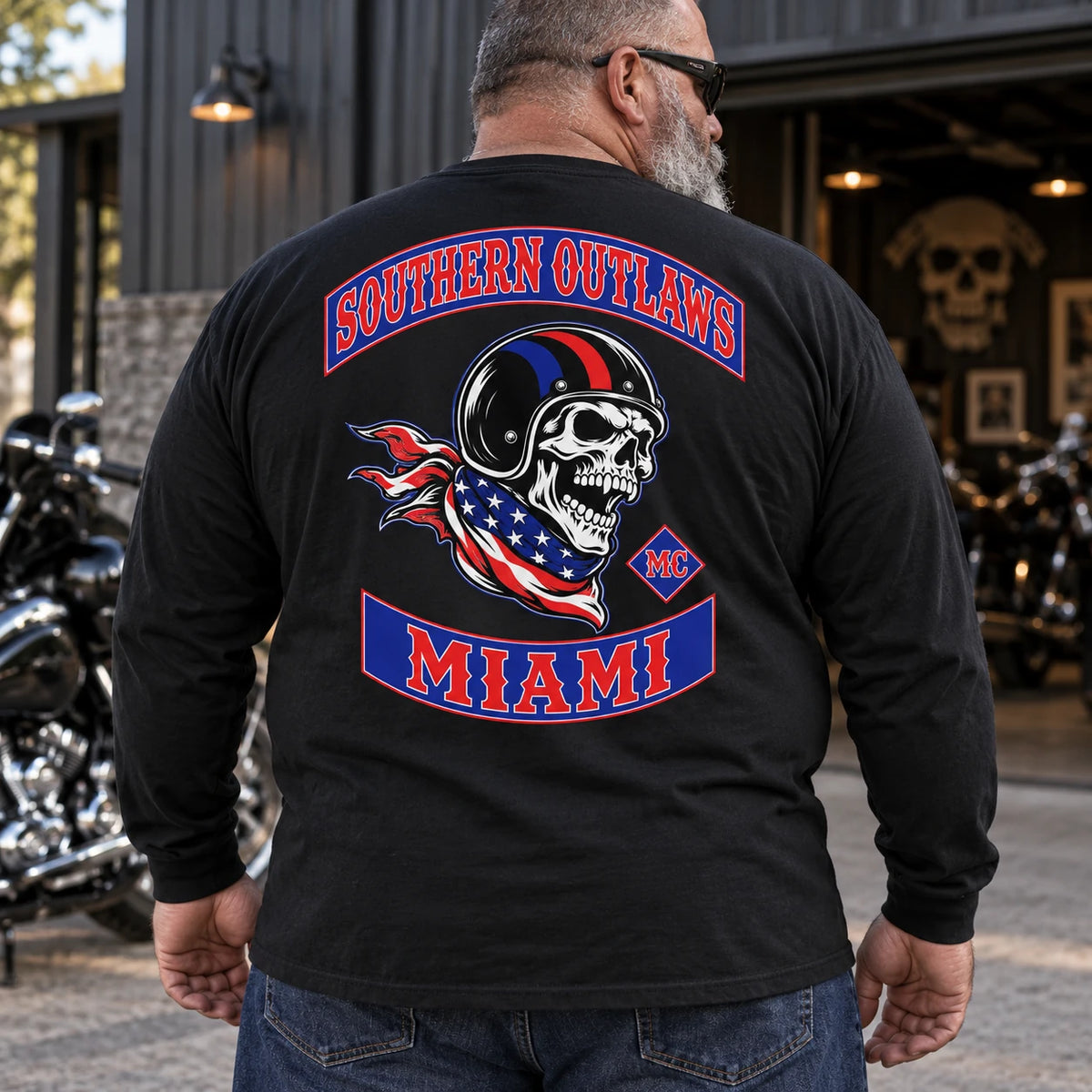 Larger-bodied rider wearing a proportionally fitted custom club long-sleeve shirt.