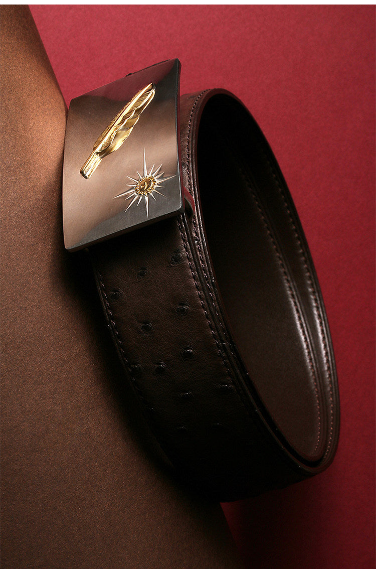 Falcon Feather Ostrich Leather Biker Belt — detail view 2