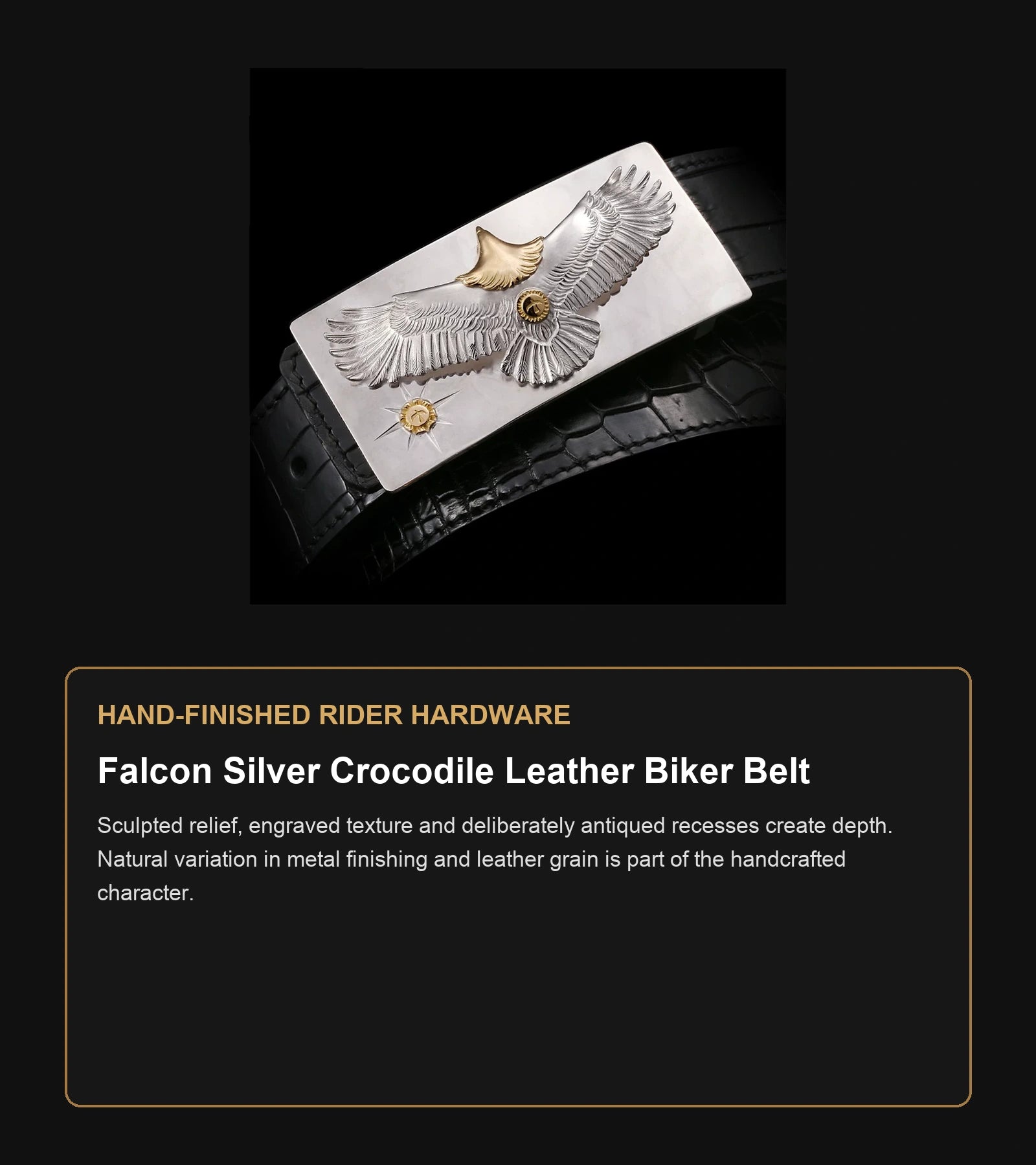 Falcon Silver Crocodile Leather Biker Belt craftsmanship guide in English