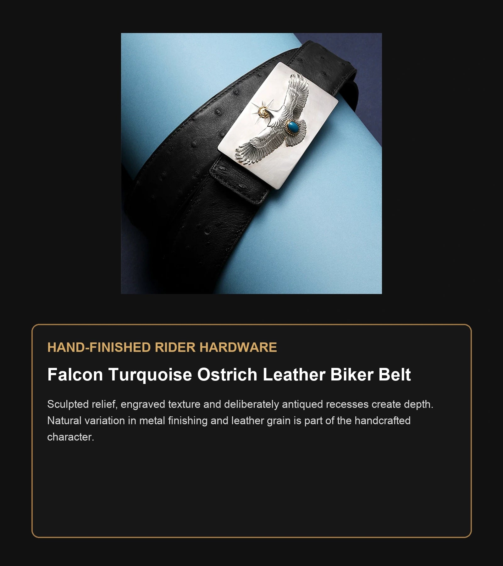 Falcon Turquoise Ostrich Leather Biker Belt craftsmanship guide in English