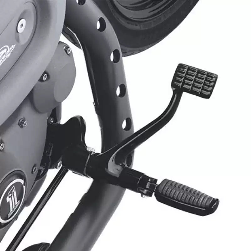 Black Fangster forward control and foot peg installed on a Harley-Davidson Sportster motorcycle