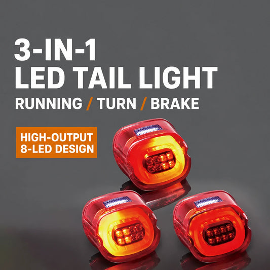 Fangster 3-in-1 Harley LED tail light showing running, turn and brake illumination modes