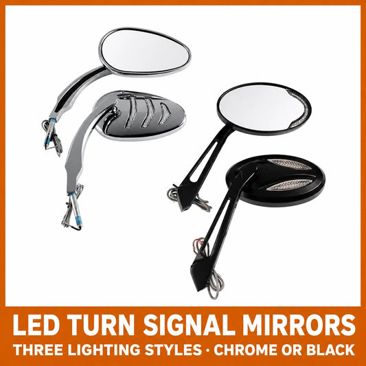 Fangster chrome and black LED turn signal mirrors for Harley motorcycles