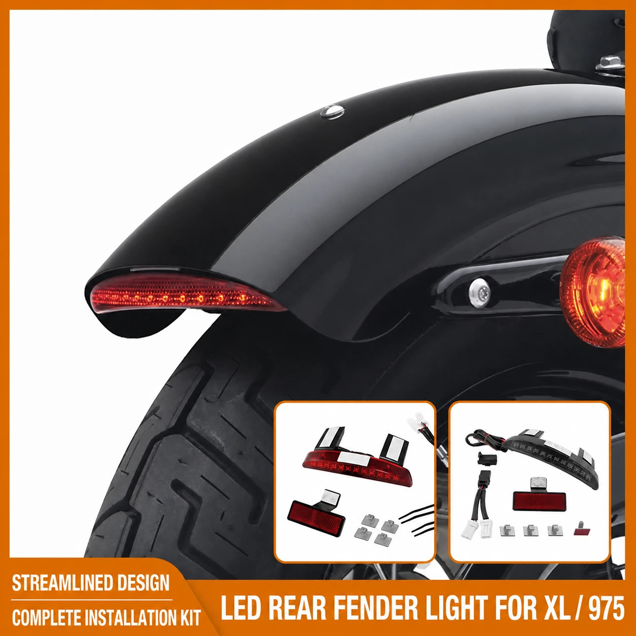 Fangster rear fender LED tail light installed on a Harley Sportster motorcycle