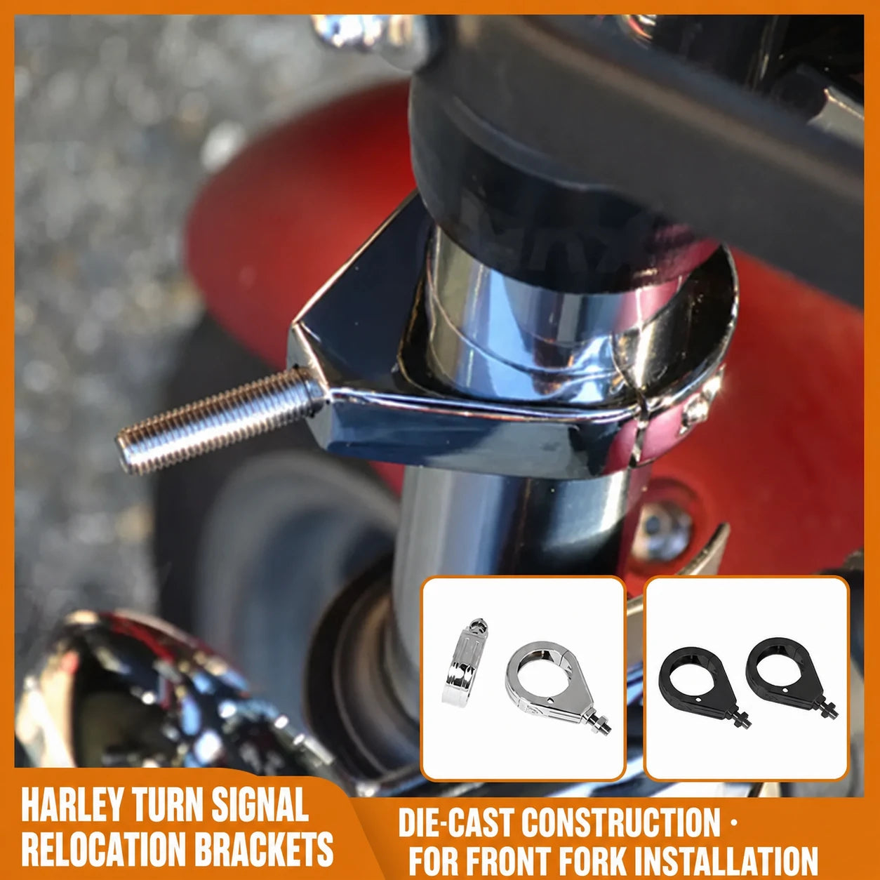 Fangster Harley turn signal relocation brackets installed on a front fork with chrome and black options