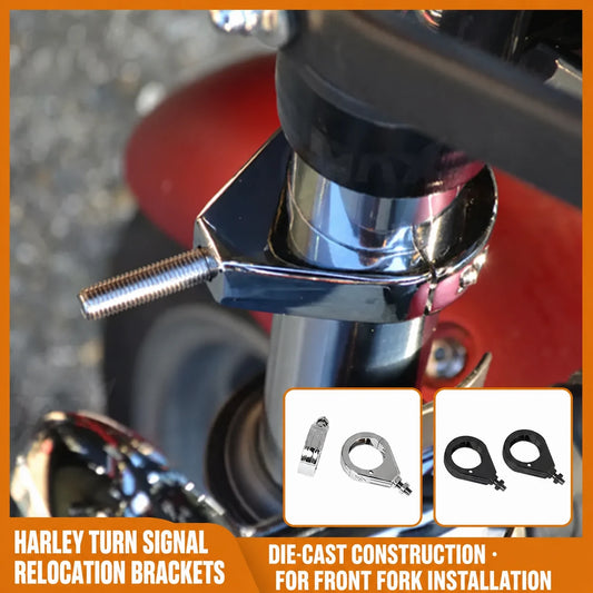 Fangster Harley turn signal relocation brackets installed on a front fork with chrome and black options