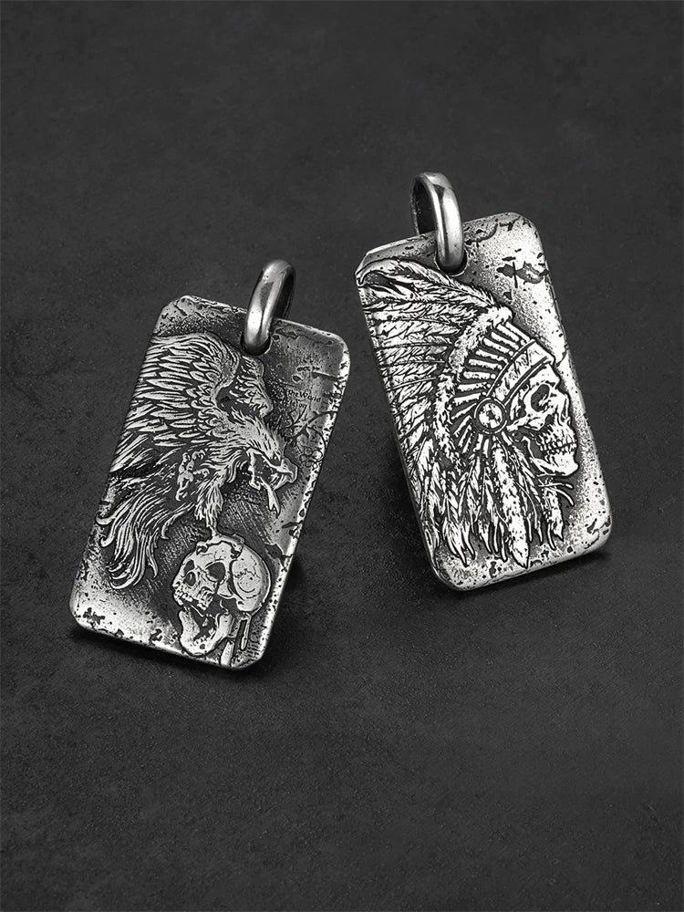 Feathered skull and eagle sterling silver biker dog tag pendants