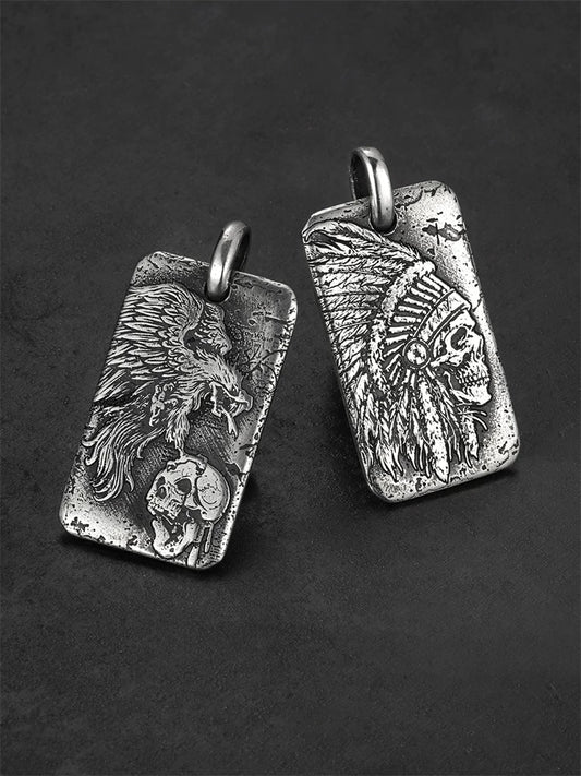 Feathered skull and eagle sterling silver biker dog tag pendants