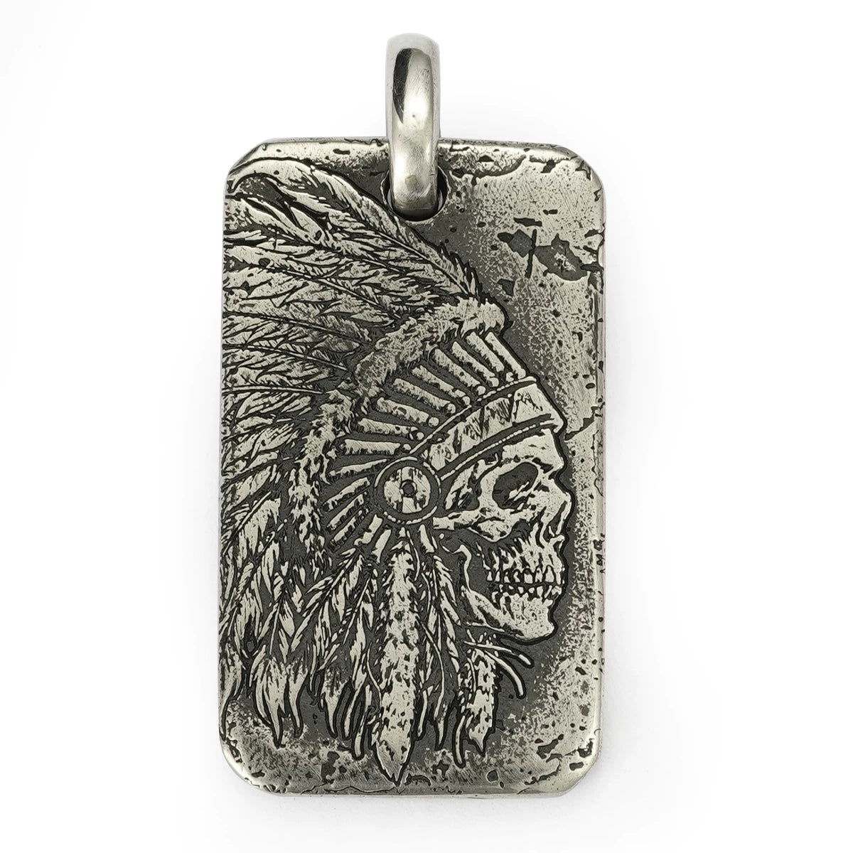 Feathered skull sterling silver biker dog tag pendant