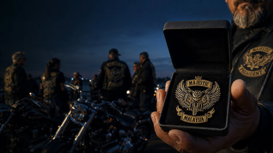 Custom motorcycle club organizers receiving a boxed set of sculpted 3D color pins