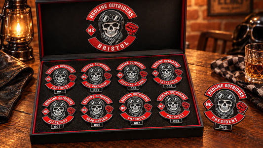Create member badges built around your club featuring a custom metal motorcycle club badge made with an approved club logo.