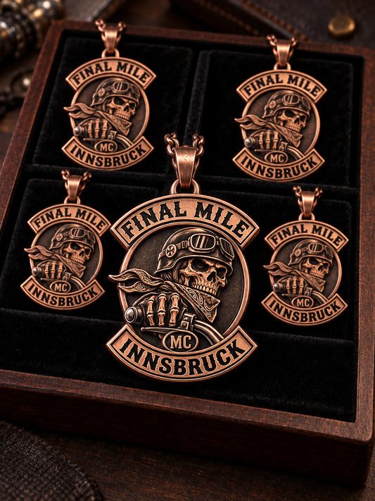 Coordinated Final Mile pure copper motorcycle club pendant order in a presentation tray.