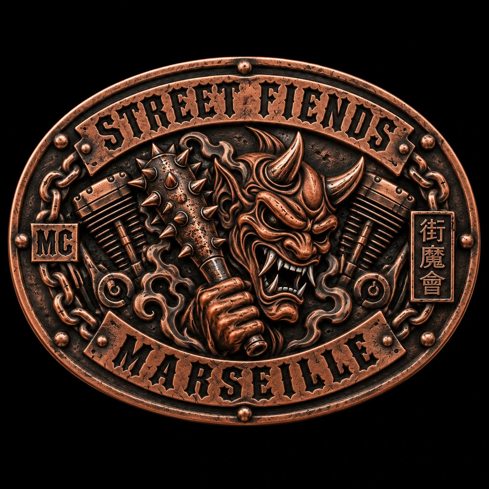 Antique Copper custom motorcycle club belt buckle
