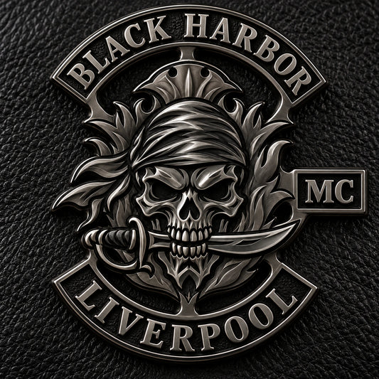 Black nickel finish featuring a custom metal motorcycle club badge made with an approved club logo.