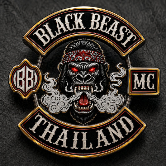 Black nickel finish featuring a custom metal motorcycle club badge made with an approved club logo.